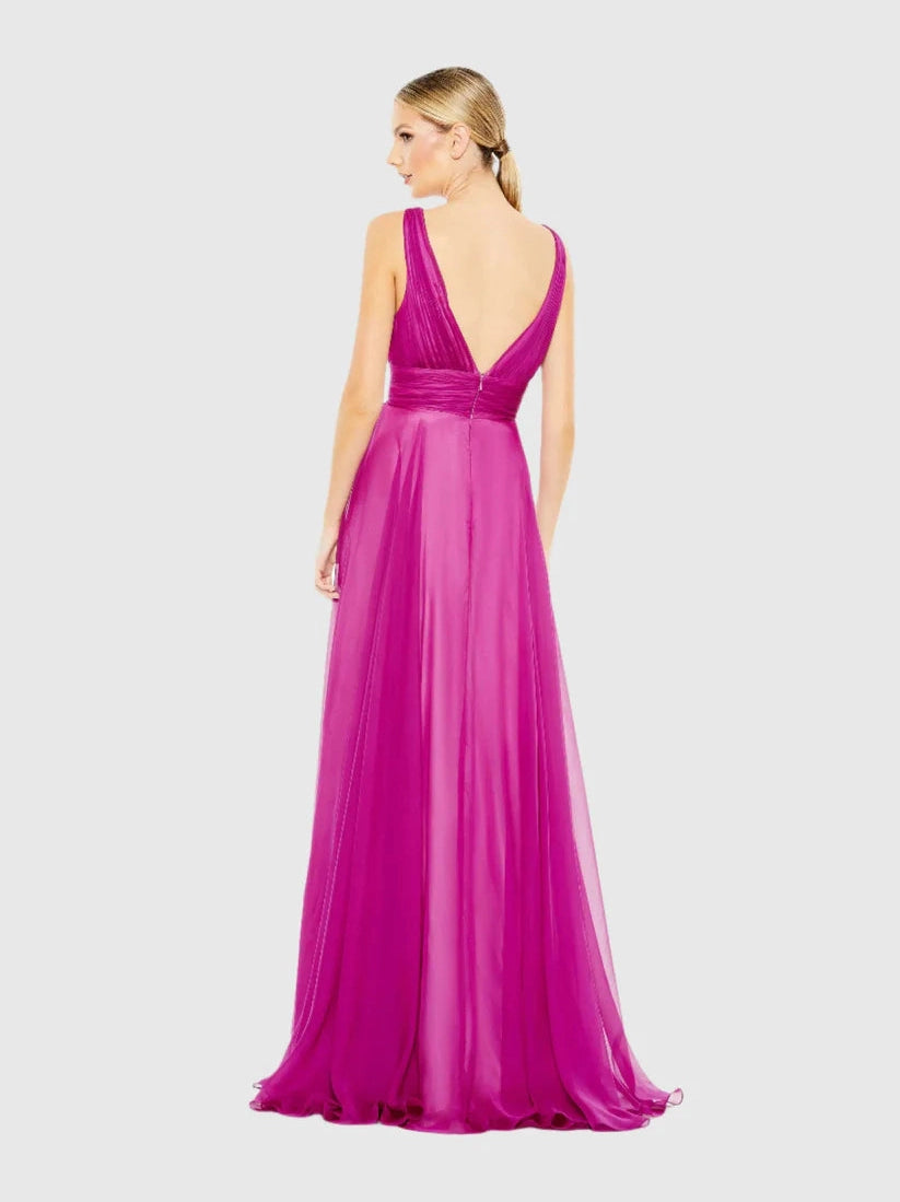 Draped Sleeveless V Neck Flowy Gown