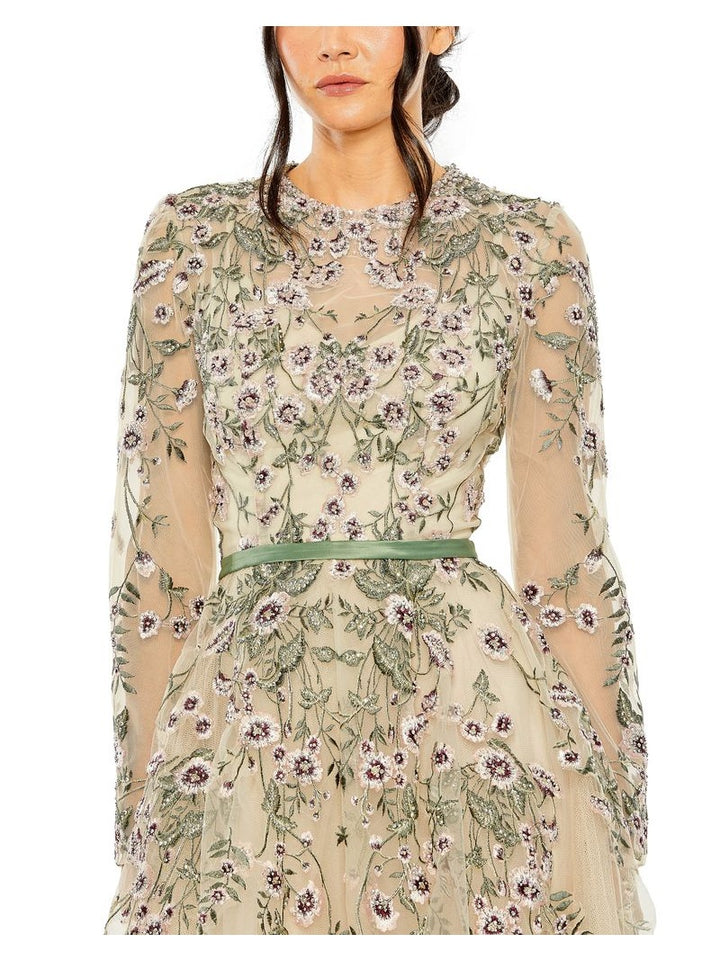 Long Sleeve Floral Embellished Gown