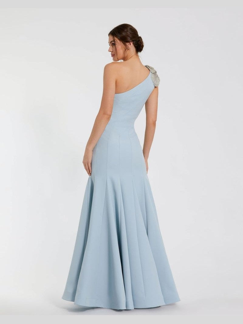 Crepe One Shoulder Gown With Crystal Flower
