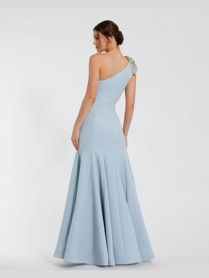 Crepe One Shoulder Gown With Crystal Flower