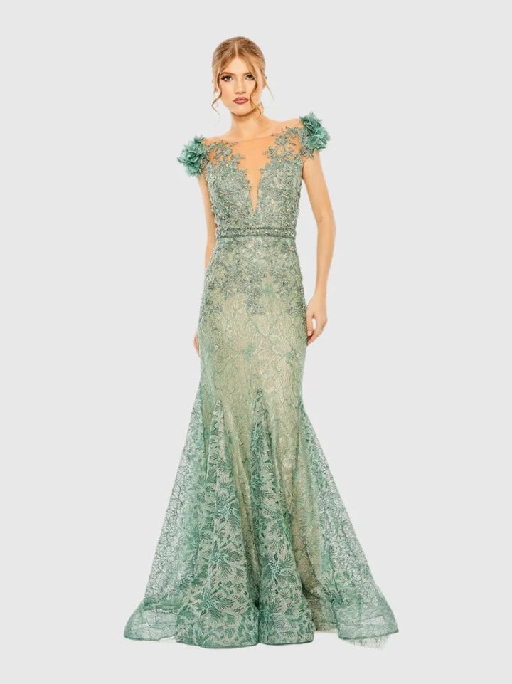 Embroidered Illusion Appliqued Bodice Trumpet Gown