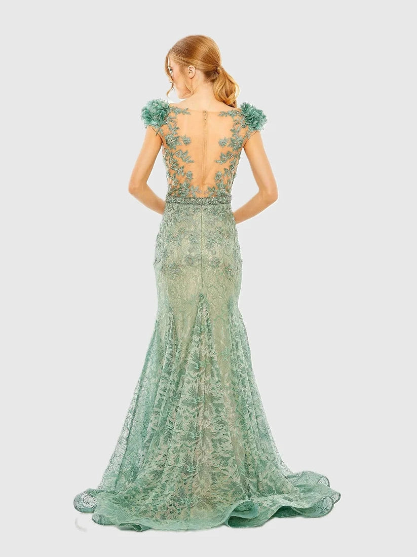 Embroidered Illusion Appliqued Bodice Trumpet Gown