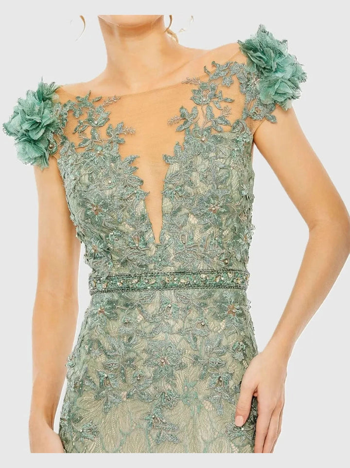 Embroidered Illusion Appliqued Bodice Trumpet Gown