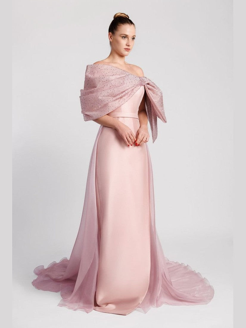 Asymmetric Column Dress with Crystal-Embroidered Bow