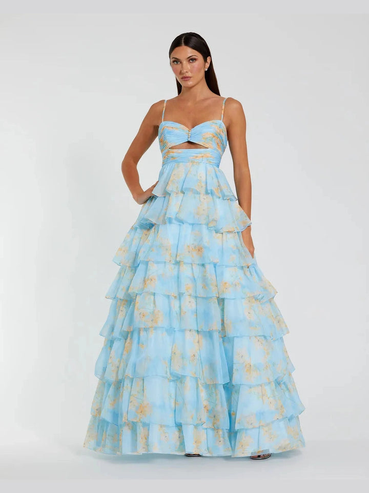 Floral Cut Out Ruffle Tiered Gown