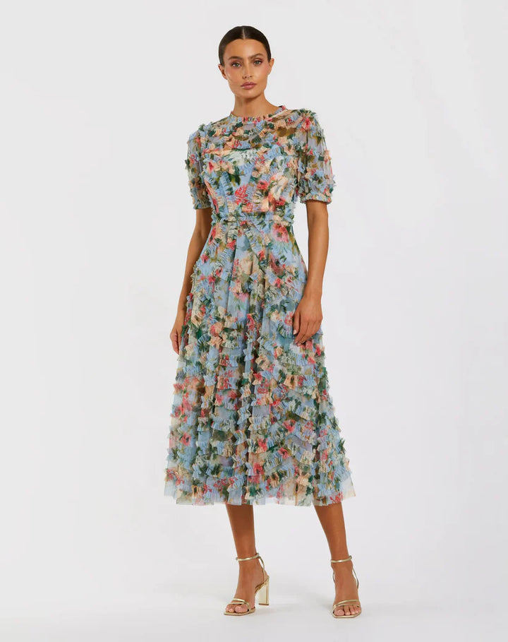 Blue Floral Mesh Ruffle High Neck Midi Dress
