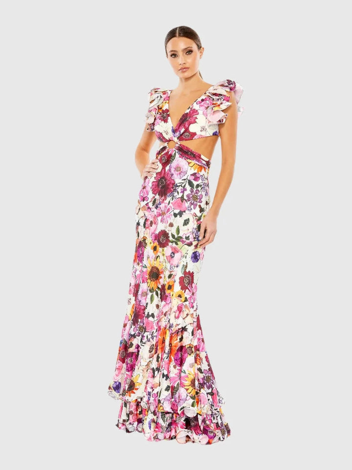 Print Ruffle Shoulder Cut Out Gown