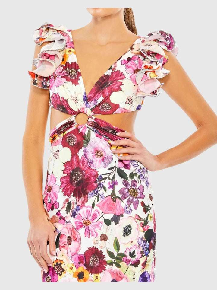 Print Ruffle Shoulder Cut Out Gown