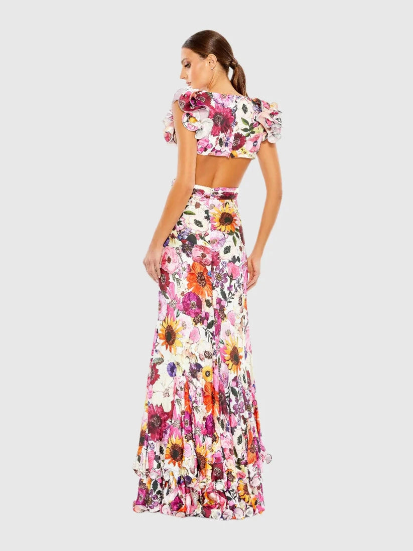 Print Ruffle Shoulder Cut Out Gown