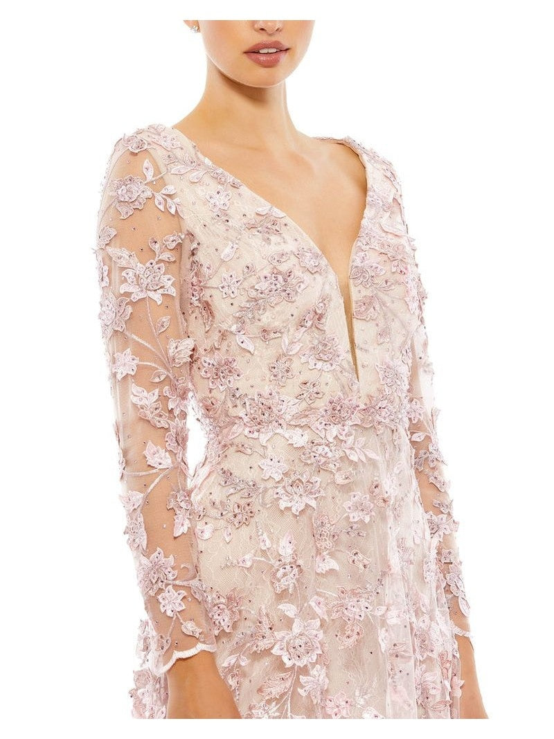 Floral Applique Long Sleeve Illusion Gown