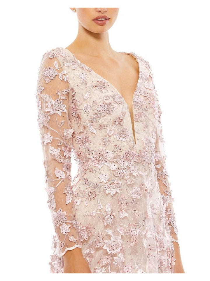 Floral Applique Long Sleeve Illusion Gown