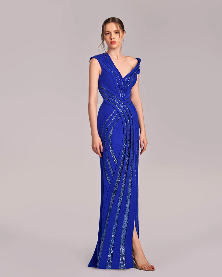 Royal Blue Asymmetrical Sparkling Evening Gown