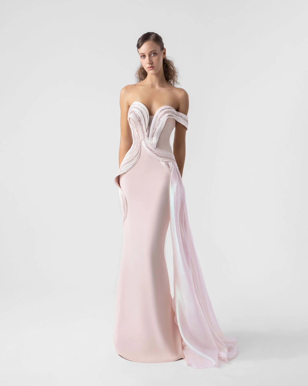 Plunging V Off-Shoulder Blush Gown with Holographic Draping