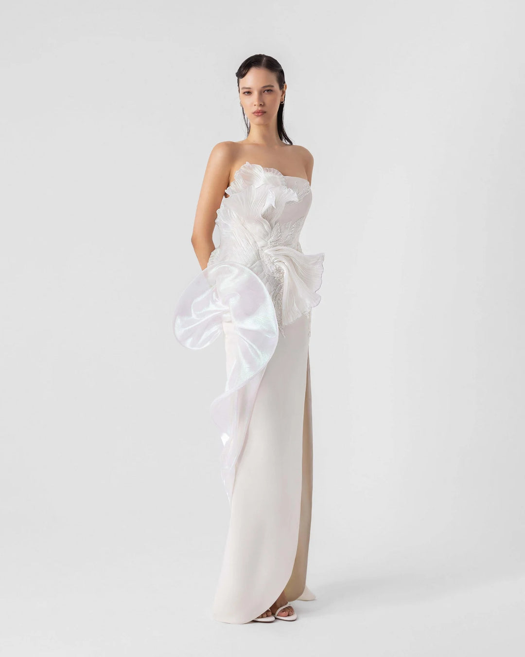 Cascading 3D Holographic Peplum Pearly Off-White Evening Dress