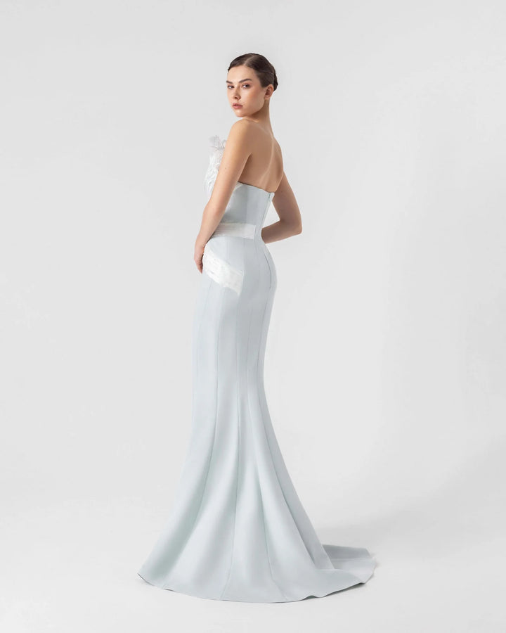 Ethereal Mint Blue Gown with Feathered Pleated Holographic Organza Accents