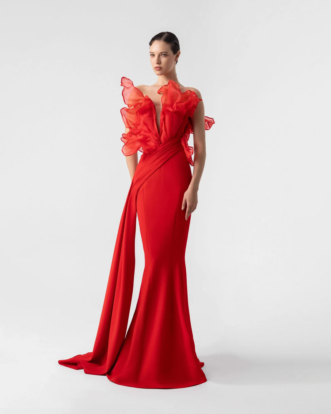 Exquisite Ruffled Plunging V Bodice Red Mermaid Gown