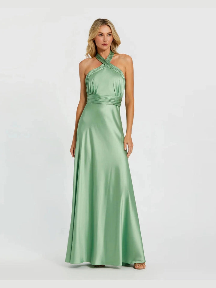 Ruched Halter Neck Tie Back Satin Gown