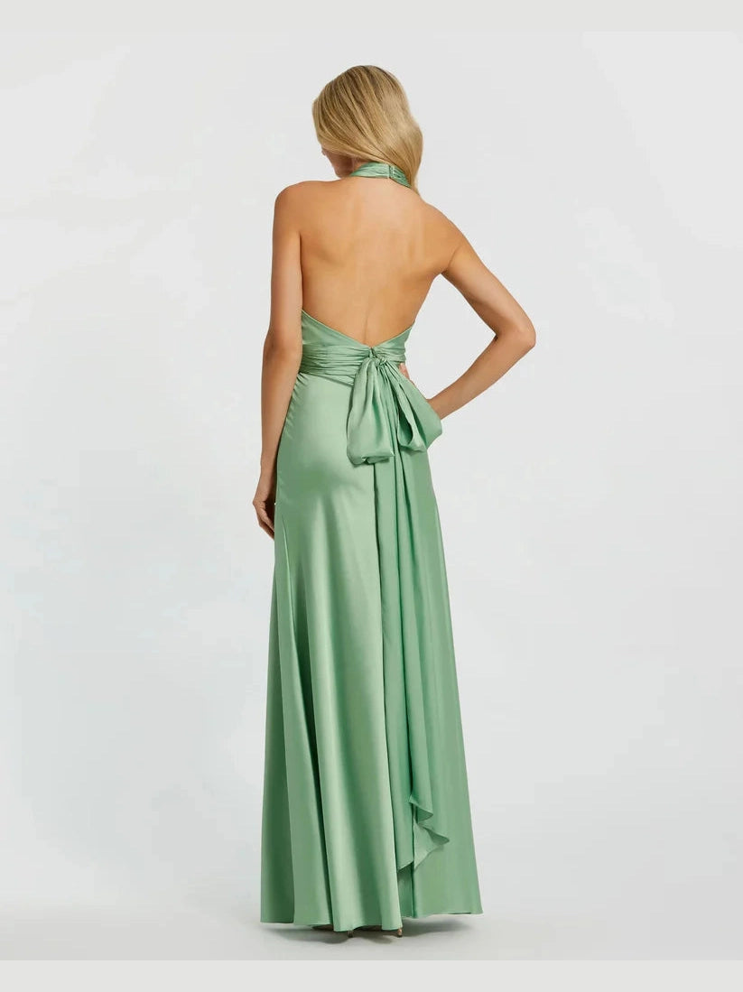 Ruched Halter Neck Tie Back Satin Gown