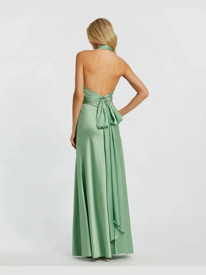 Ruched Halter Neck Tie Back Satin Gown