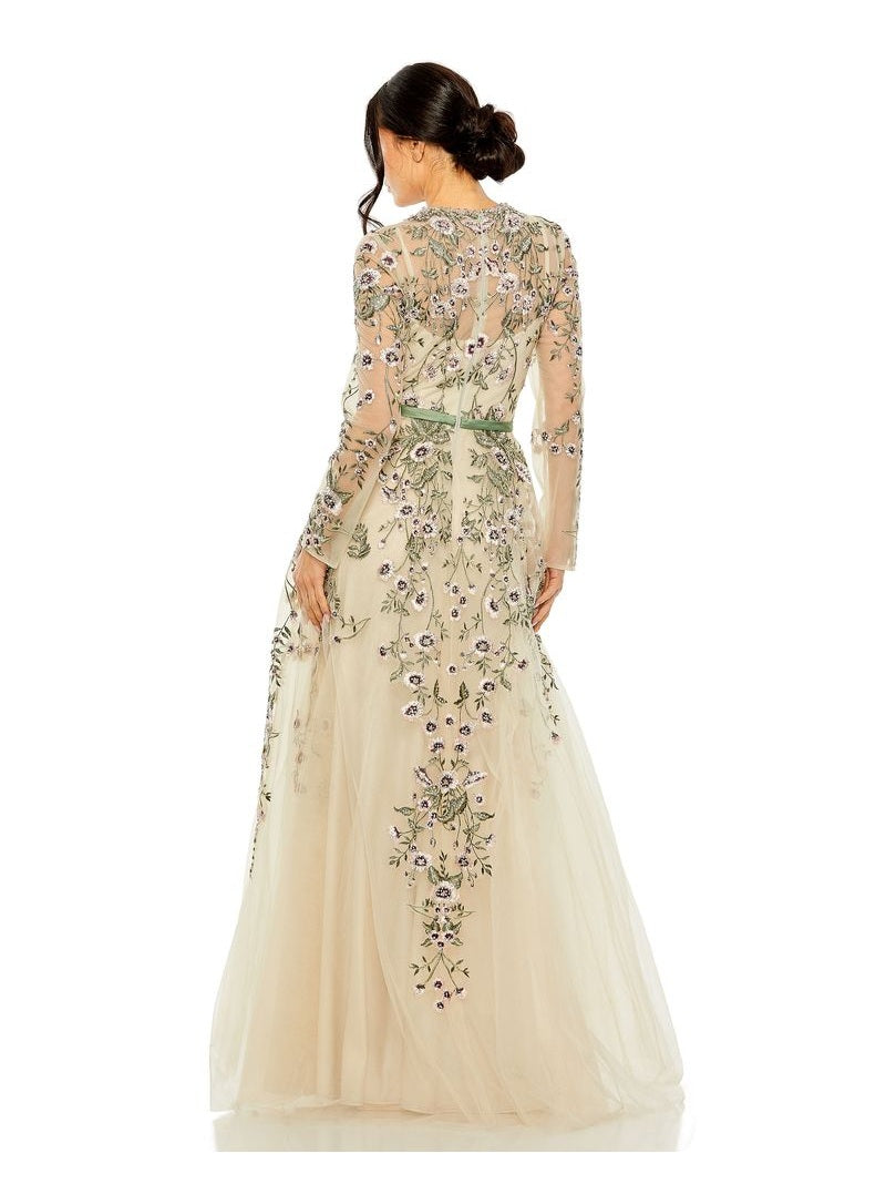 Long Sleeve Floral Embellished Gown