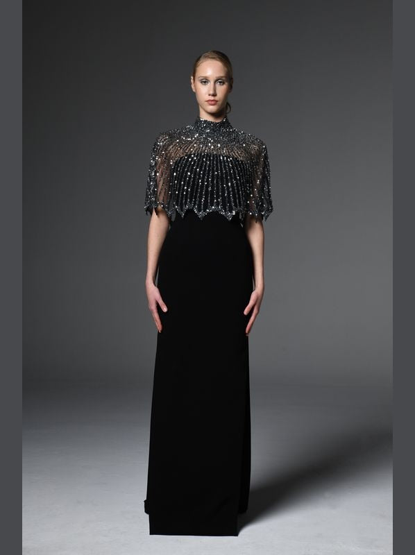 Black Crepe Dress with Embroidred Bolero