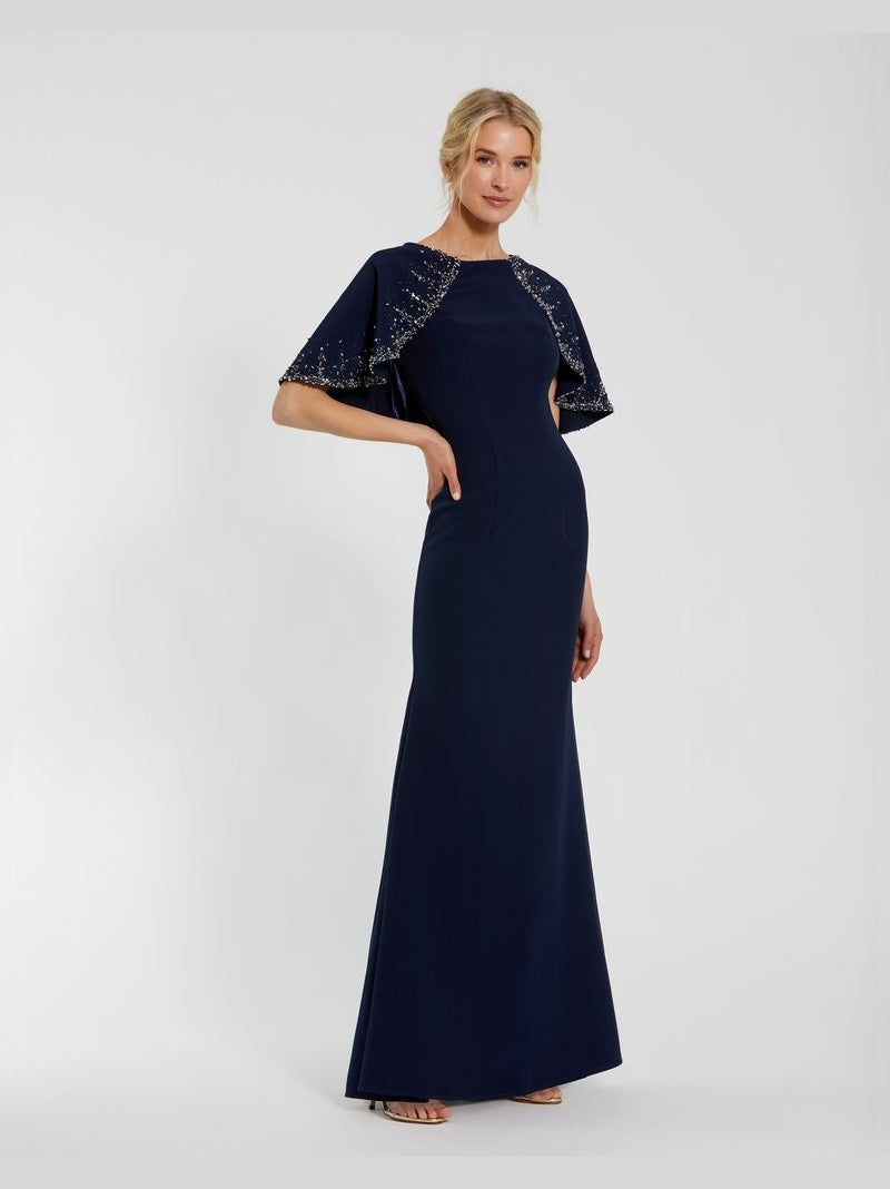 High Neck Fitted Gown With Beaded Shawl