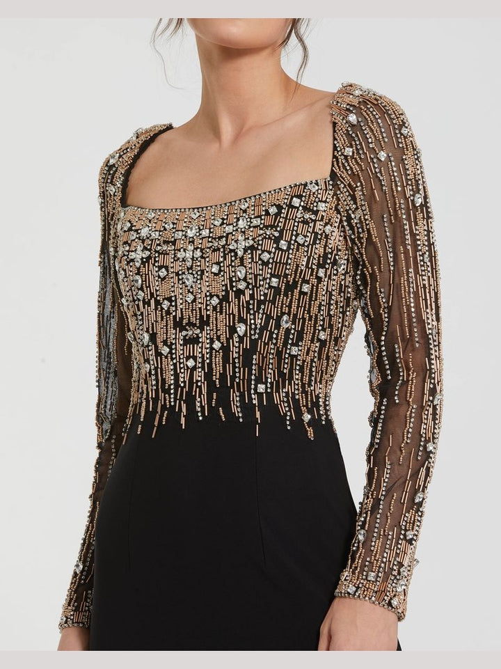 Beaded Square Neck Long Sleeve Jersey Gown