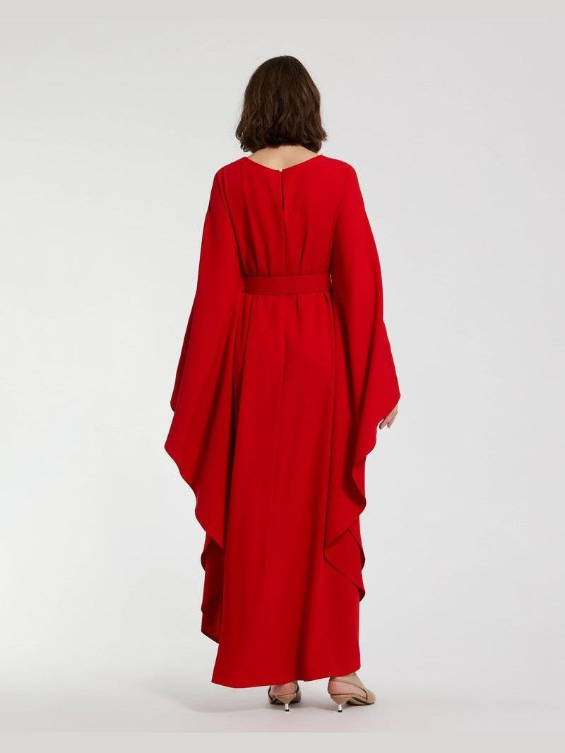 Crepe Boat Neck Caftan Maxi Dress With Belt