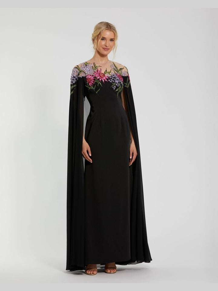 Sheer Cape Gown with Beaded Embroidery