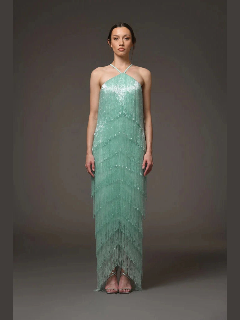 Halter Crepe Dress with Fringes