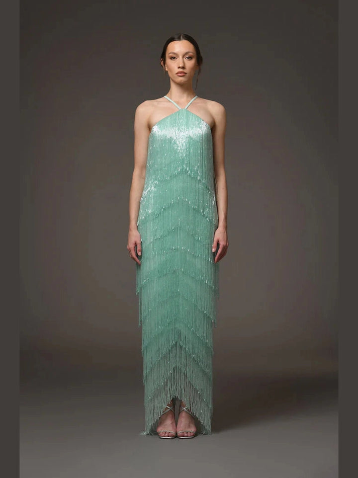 Halter Crepe Dress with Fringes
