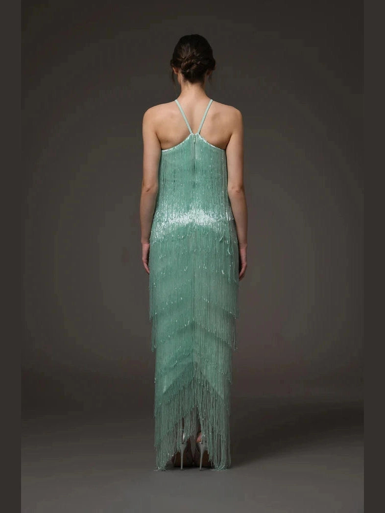 Halter Crepe Dress with Fringes