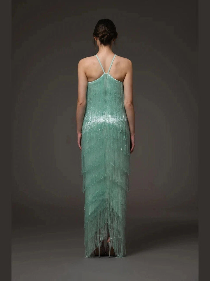 Halter Crepe Dress with Fringes