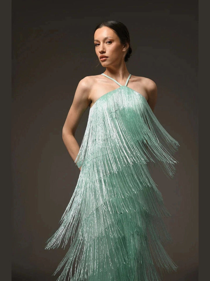 Halter Crepe Dress with Fringes
