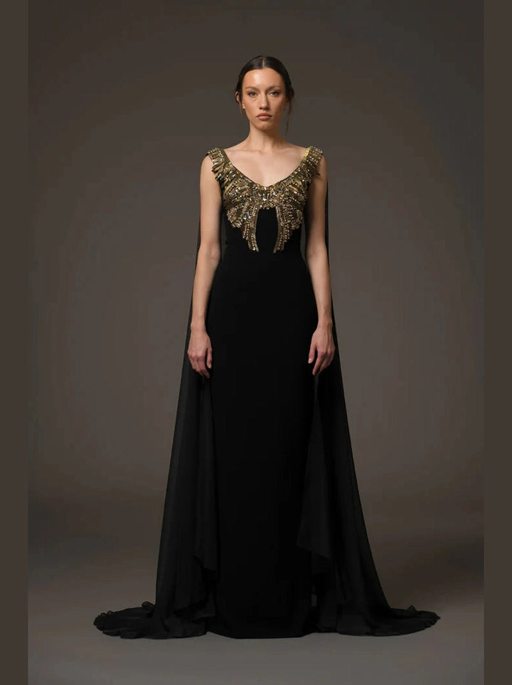 Embroidred Dress with Chiffon Cape