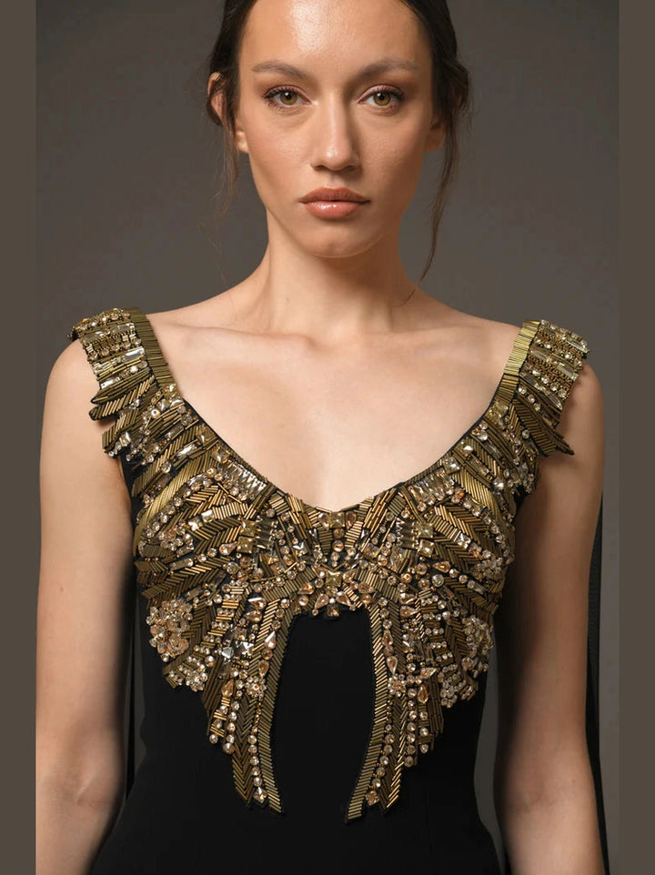 Embroidred Dress with Chiffon Cape