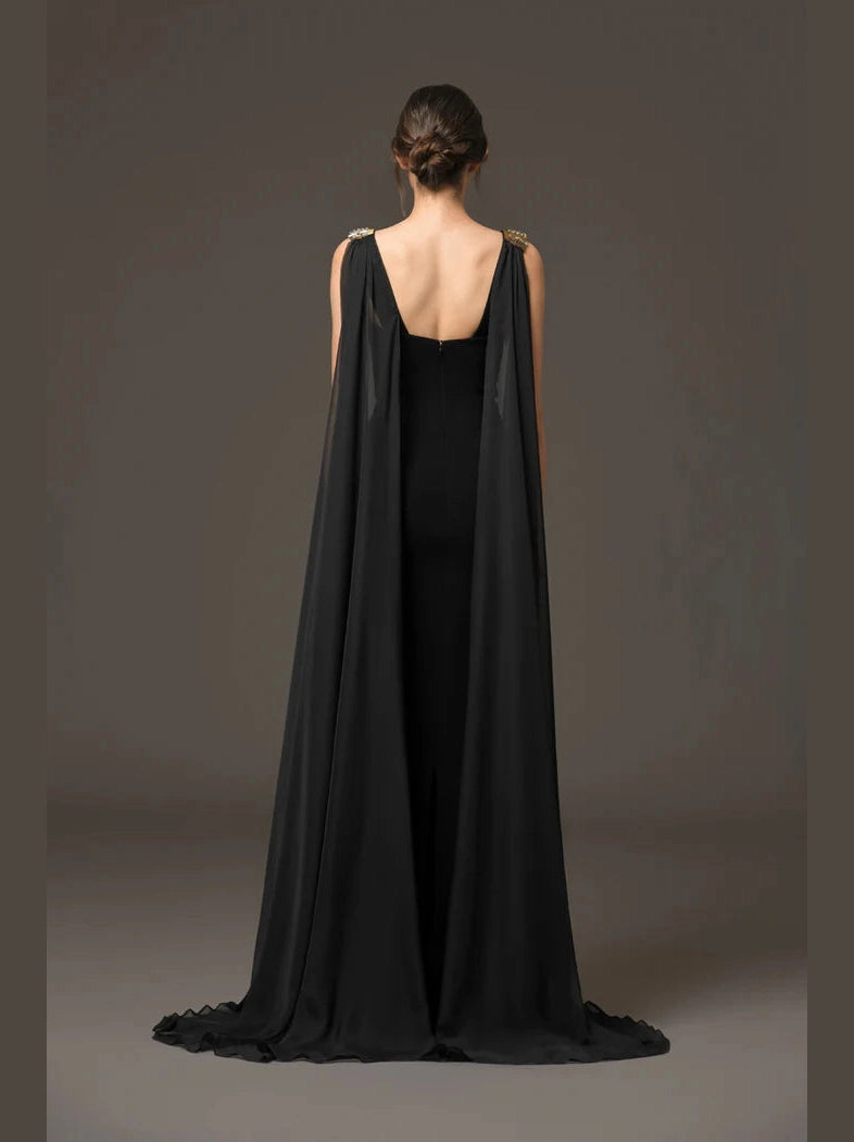 Embroidred Dress with Chiffon Cape
