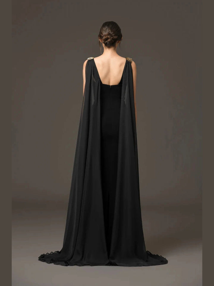Embroidred Dress with Chiffon Cape