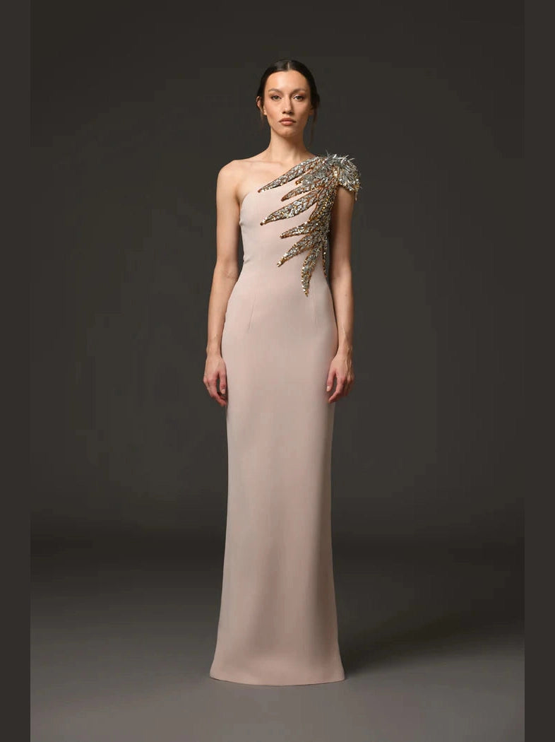 Embroidered Asymmetric Nude Dress