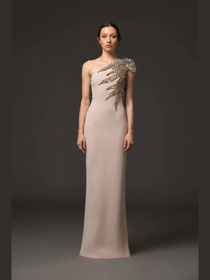 Embroidered Asymmetric Nude Dress