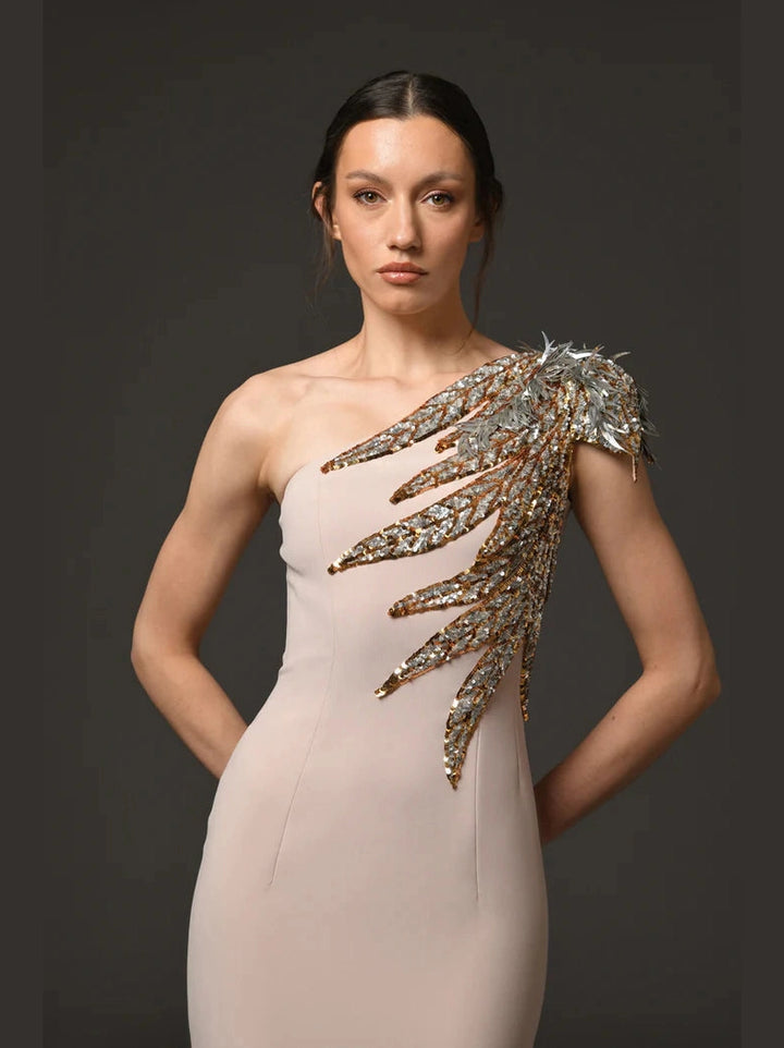 Embroidered Asymmetric Nude Dress