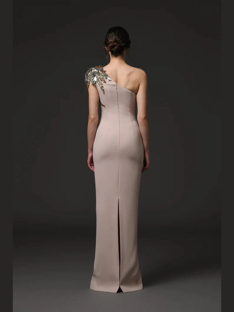 Embroidered Asymmetric Nude Dress