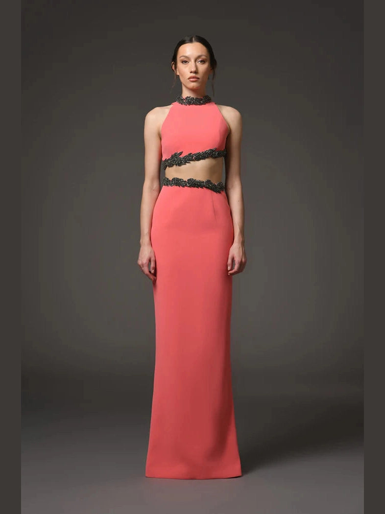 Coral Embroidered Cut Out Dress