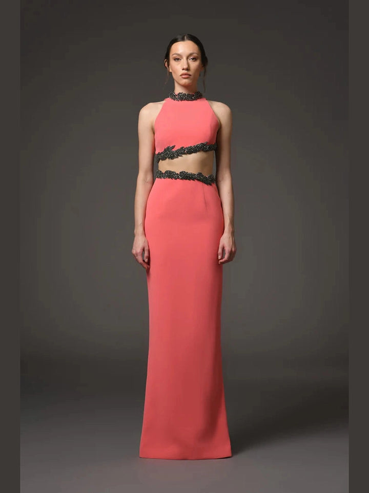 Coral Embroidered Cut Out Dress