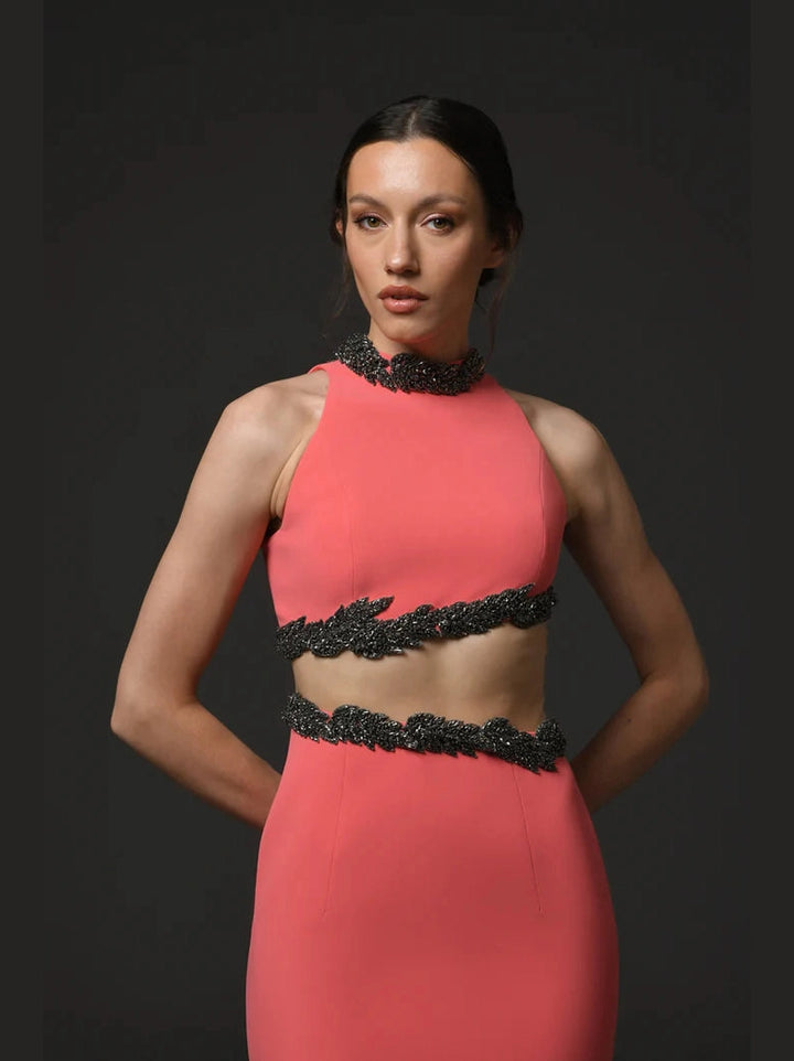 Coral Embroidered Cut Out Dress