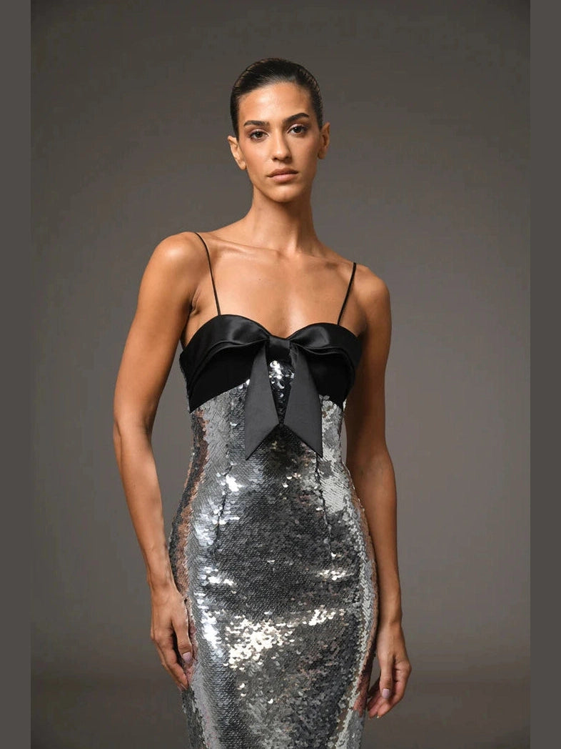 Grey Sequinws Bow Dress