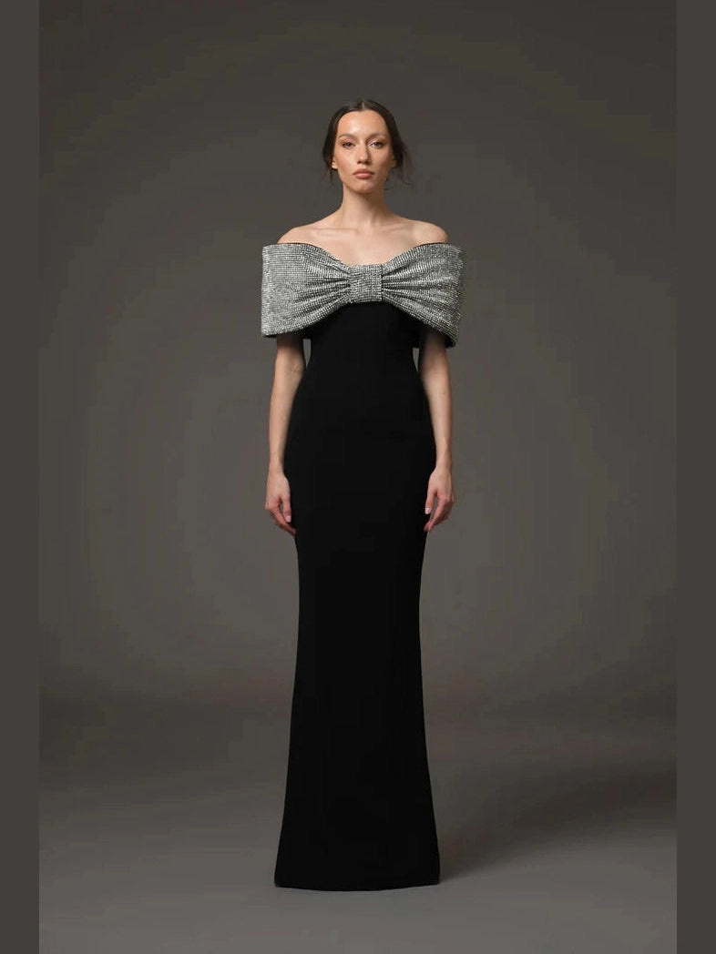 Crepe evening Dress with Crystal Bow