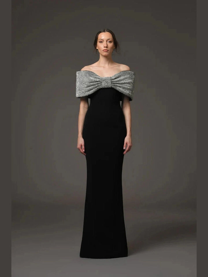 Crepe evening Dress with Crystal Bow