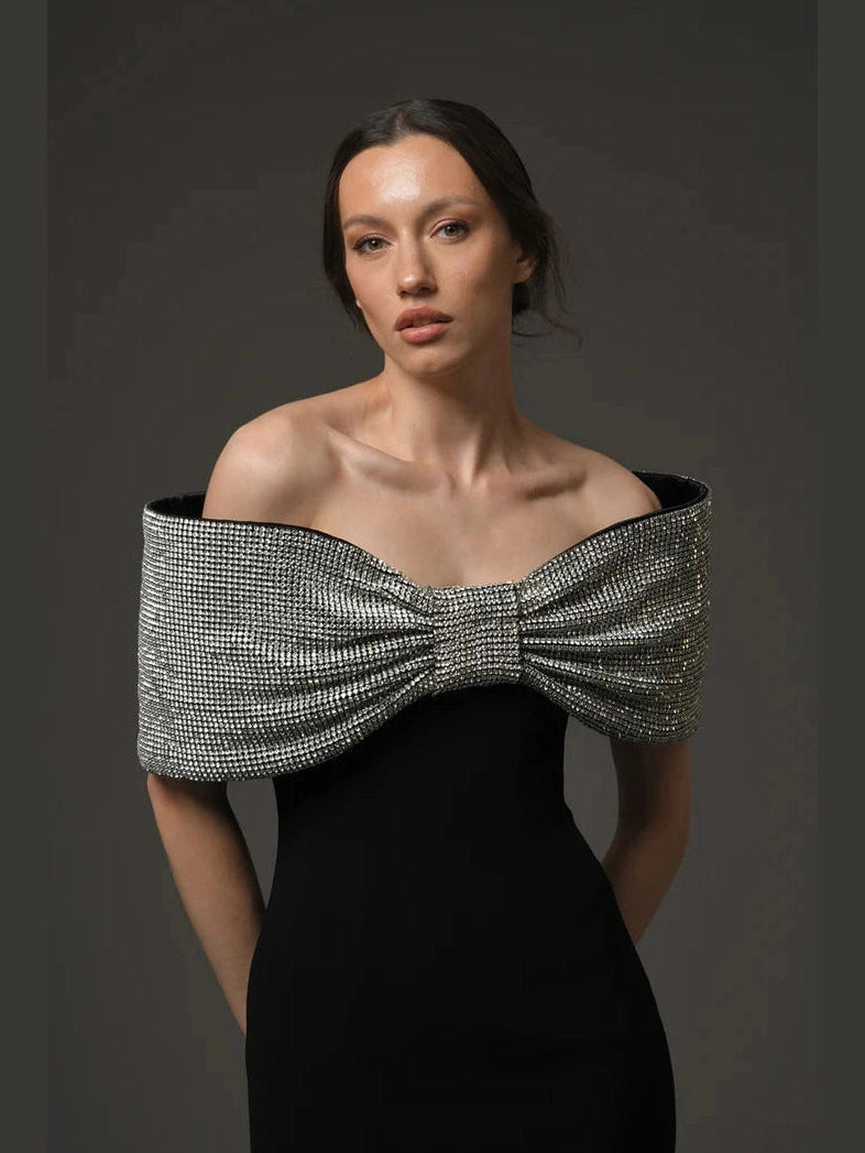 Crepe evening Dress with Crystal Bow