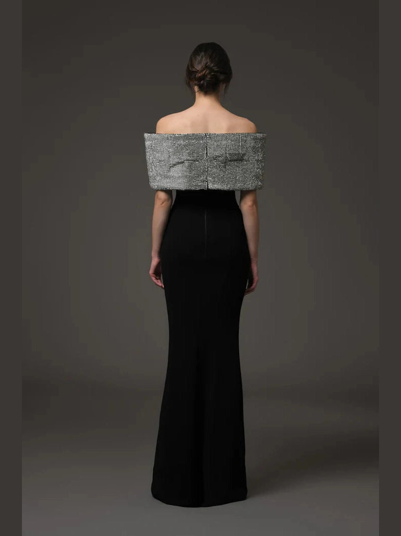 Crepe evening Dress with Crystal Bow